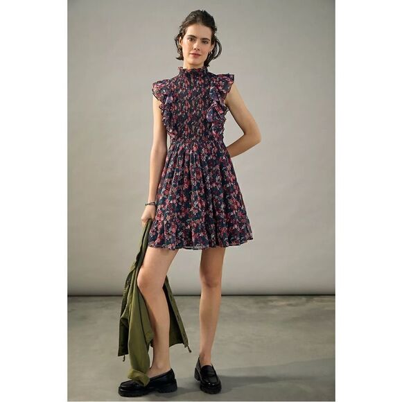 NEW Anthropologie Ranna Gill Katya Ruffled Smocked Floral Mini Dress Medium - Picture 4 of 4
